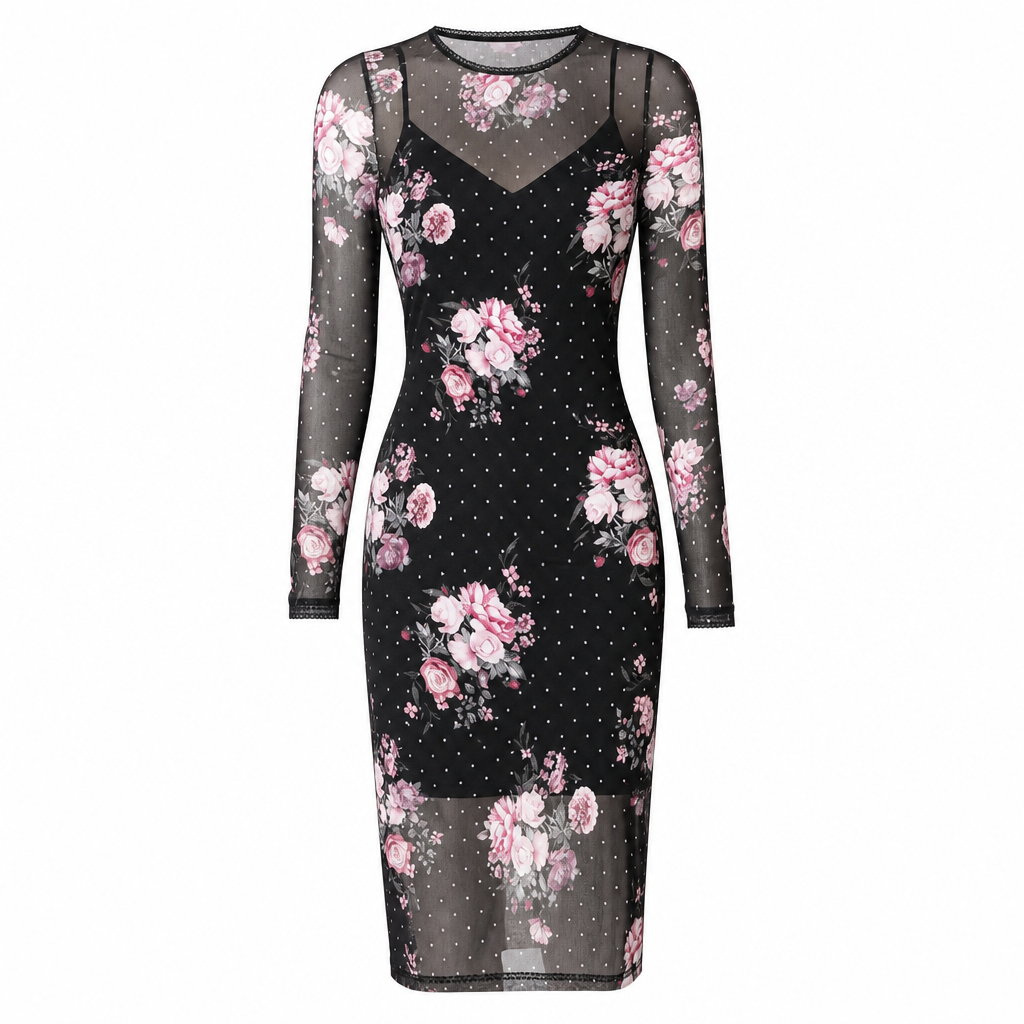 📢🎉50%Rabatt!!!🛍️✨2-Teiler Damen Kleid Set mit langärmligem, meshartigem und kettenbedrucktem Bodycon Midikleid und Unterkleid