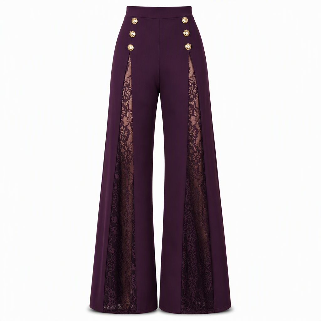 🔥Beliebtes Produkt !✨Damen High-Waist-Hose mit Spitzeneinsatz, weitem Bein und dekorativen Goldknöpfen