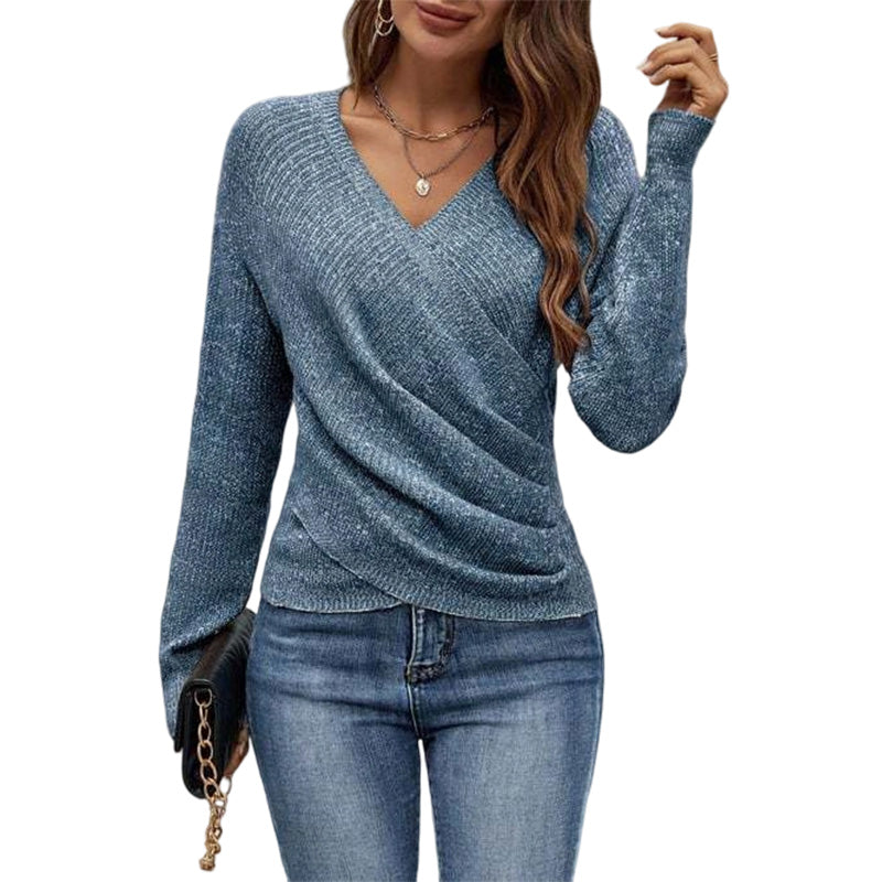 Damen Wickel-V-Ausschnitt Strickpullover