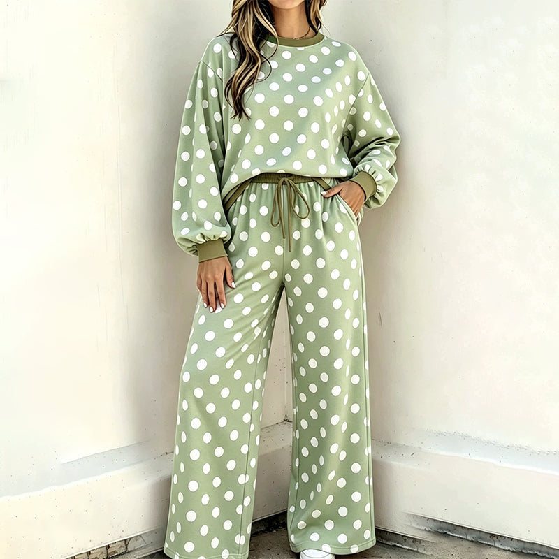 Damen Punktepullover & Weites Bein Hosen Set