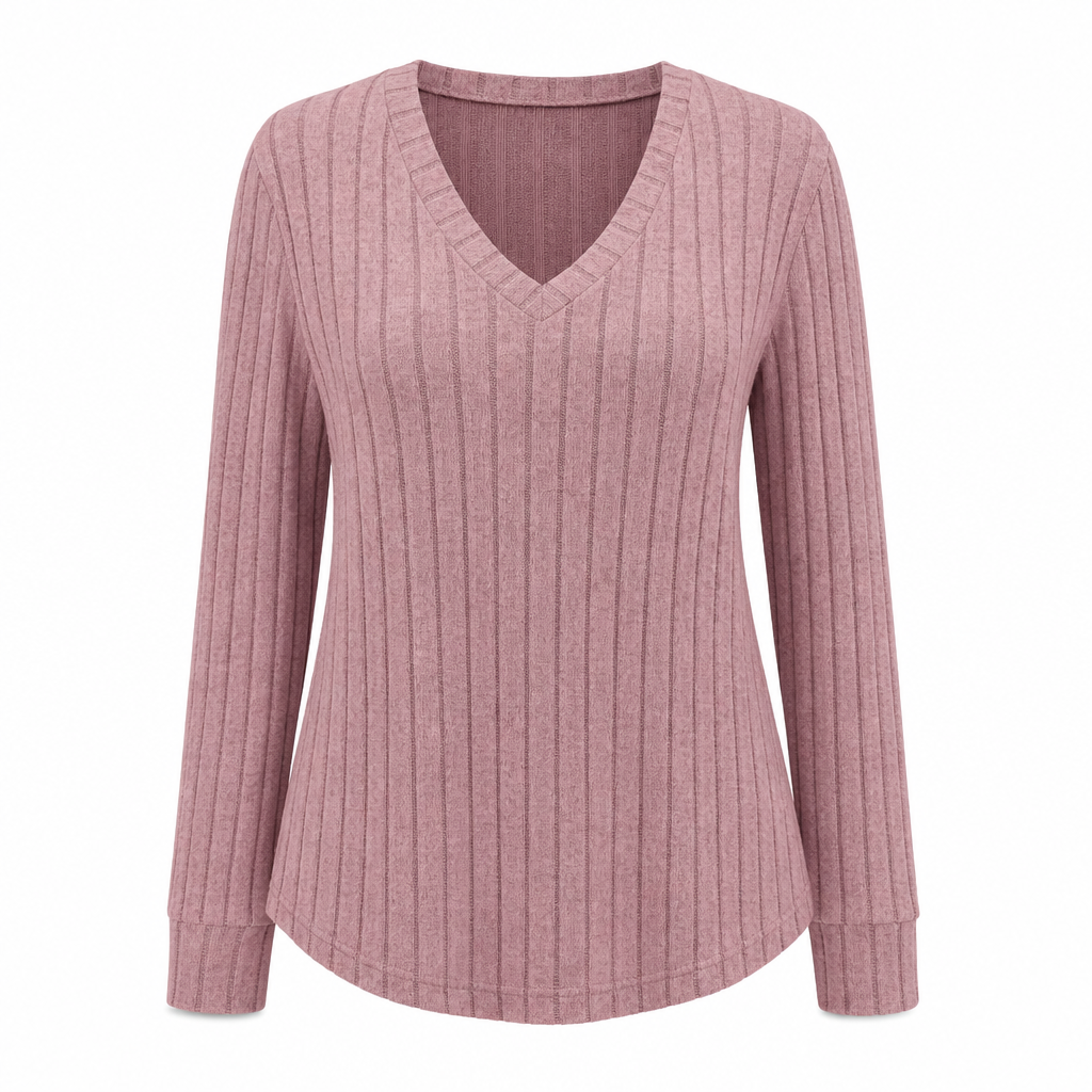 📢🎉50%Rabatt!!!🛍️✨Damen Übergrößen V-Ausschnitt Langarm Geripptes Gebürstetes T-Shirt Locker Sitzendes Einfarbiges Pullover-Oberteil