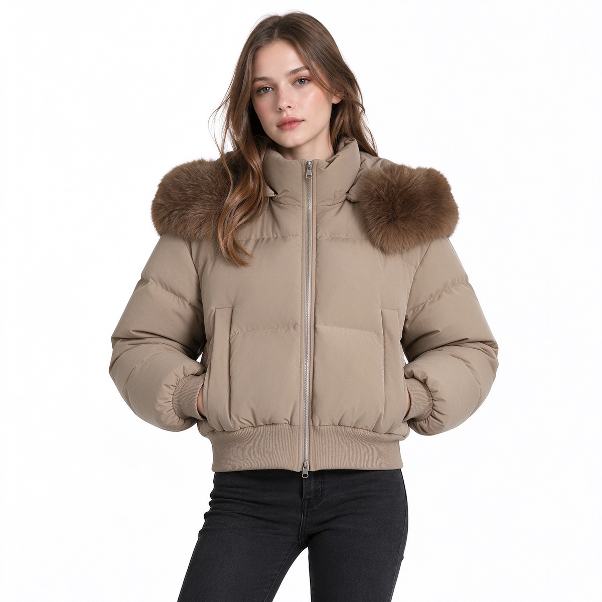 🥳Über 10.000 positive Bewertungen! 50% Rabatt!🥳 Kurze gepolsterte Winterkapuzenjacke für Damen mit Pelzkragen