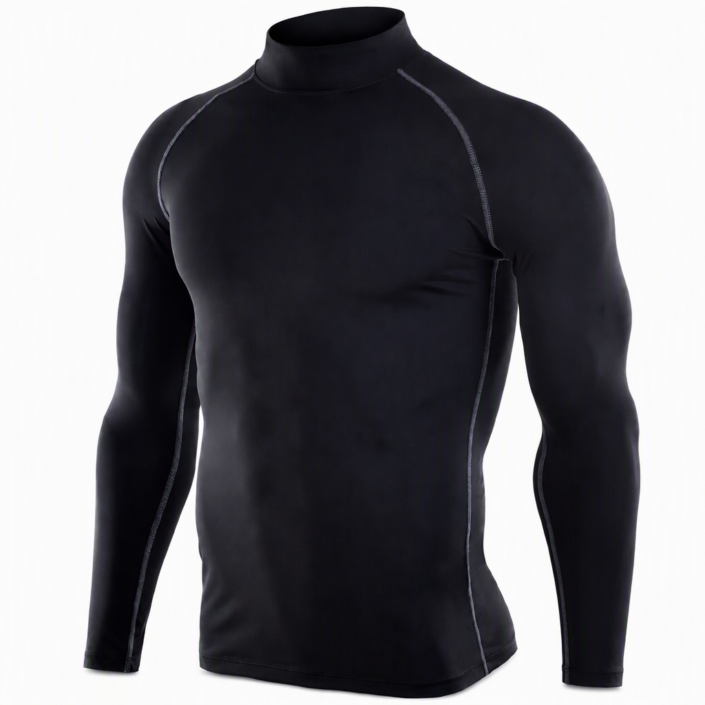 Herren Thermo-Kompressions-Langarmshirt mit Stehkragen – warm gefüttert, ideal als Unterziehshirt für Sport, Laufen & Training