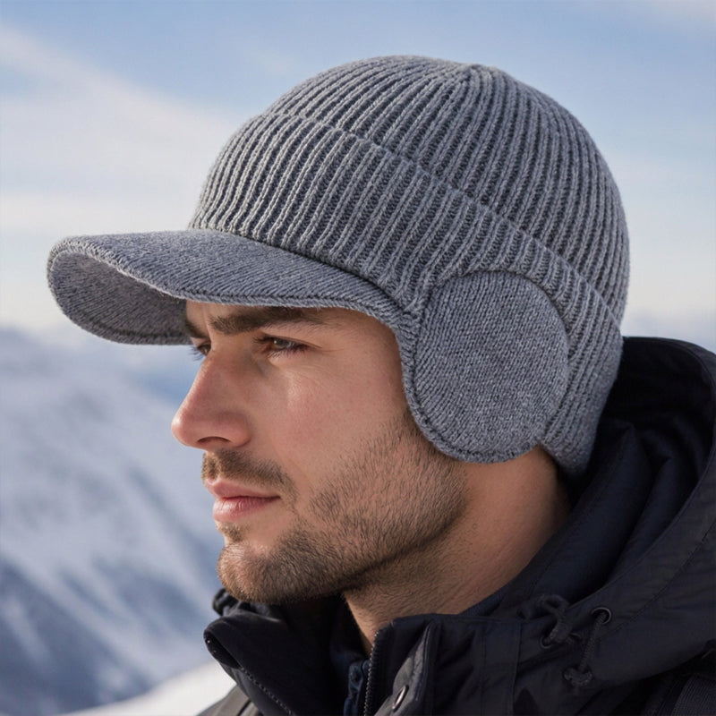 Herren Winter Strickmütze mit Schirm und Ohrenklappen