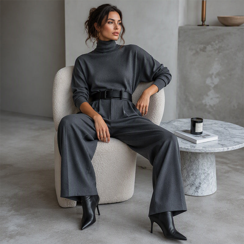📢📢50%Rabatt!!!🎉✨Eleganter Damen-Zweiteiler: Rollkragen-Shirt & Hose mit hohem Bund