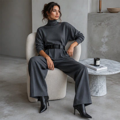 📢📢50%Rabatt!!!🎉✨Eleganter Damen-Zweiteiler: Rollkragen-Shirt & Hose mit hohem Bund