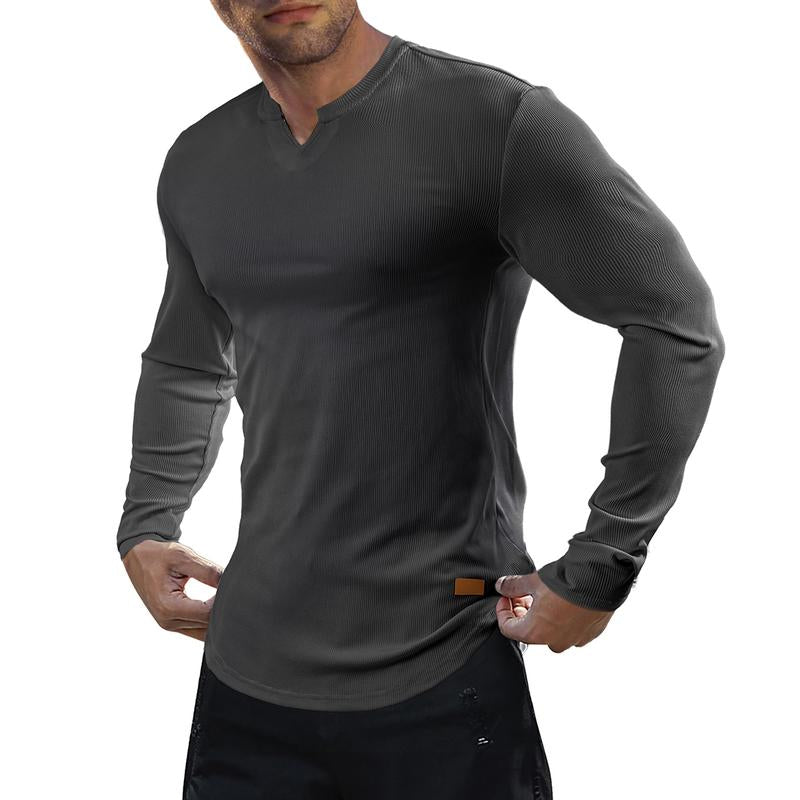 Herren-T-Shirt mit Stretch-Ripp🔥 – V-Ausschnitt, lange Ärmel, bequem