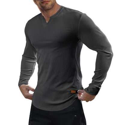 Herren-T-Shirt mit Stretch-Ripp🔥 – V-Ausschnitt, lange Ärmel, bequem