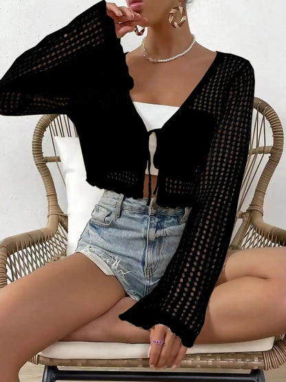 Women's Plain Hollow Out Tie Front Crop Cardigan, Casual Flounce Sleeve V Neck Cover Up Knitwear Tops for Spring & Fall, Summer Outfits 2026, Women's Knit Clothing for Daily Wear