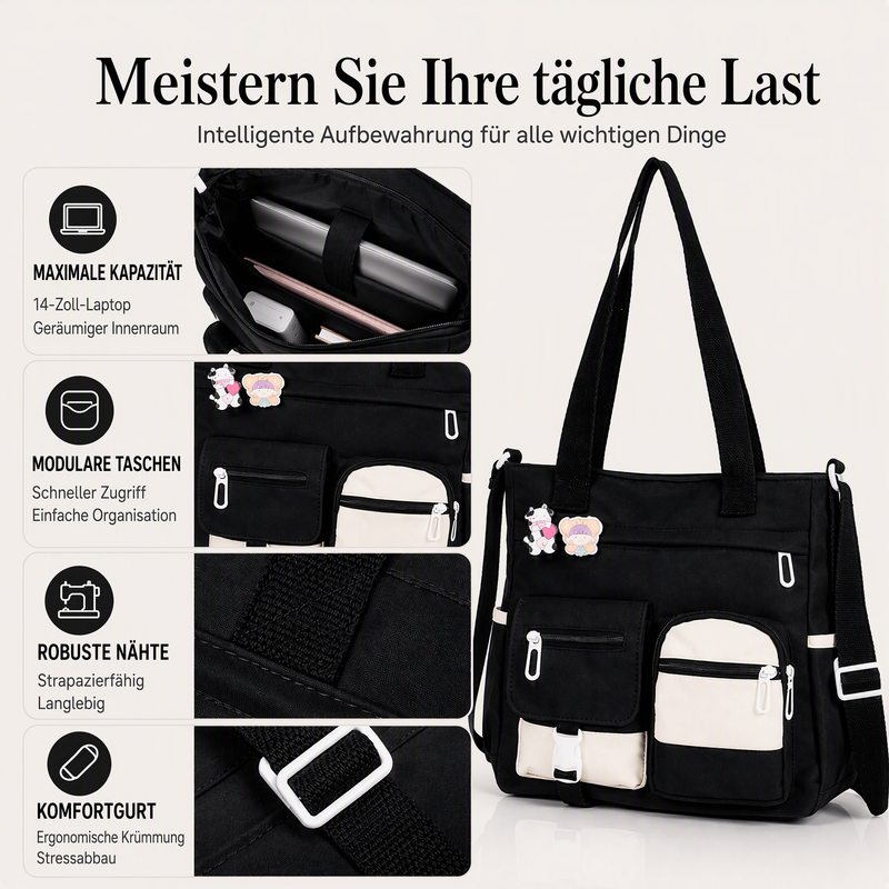 Großvolumige Canvas-Tragetasche mit mehreren Taschen