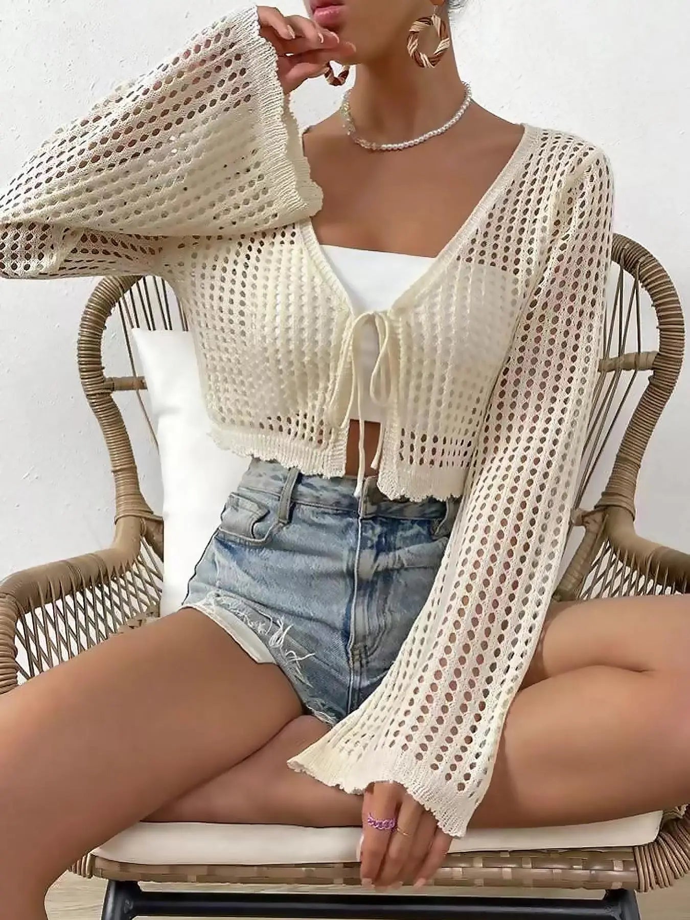 Women's Plain Hollow Out Tie Front Crop Cardigan, Casual Flounce Sleeve V Neck Cover Up Knitwear Tops for Spring & Fall, Summer Outfits 2026, Women's Knit Clothing for Daily Wear