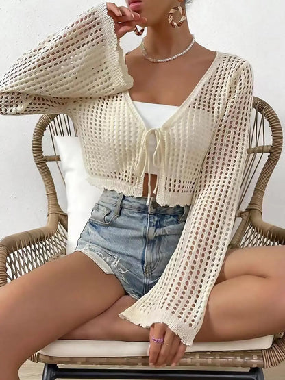 Women's Plain Hollow Out Tie Front Crop Cardigan, Casual Flounce Sleeve V Neck Cover Up Knitwear Tops for Spring & Fall, Summer Outfits 2026, Women's Knit Clothing for Daily Wear