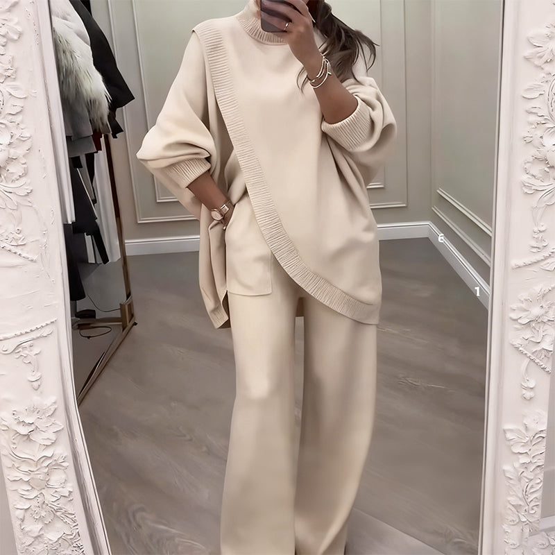 🔥 50% RABATT! NEU! Damen 2-Teiler-Set – Asymmetrischer Pullover + Weite Hosen, lockere Passform und weiches Material, ultra bequem 👚✨