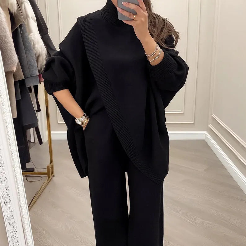 🔥 50% RABATT! NEU! Damen 2-Teiler-Set – Asymmetrischer Pullover + Weite Hosen, lockere Passform und weiches Material, ultra bequem 👚✨