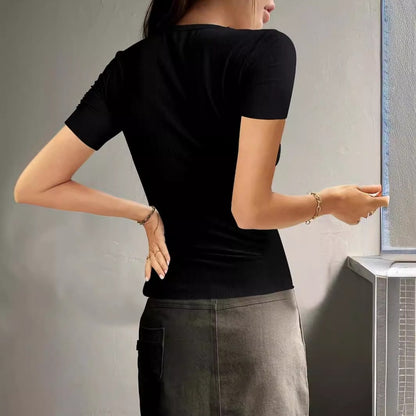 Damen Kurzarm-Henley-Shirt aus Rippstrick