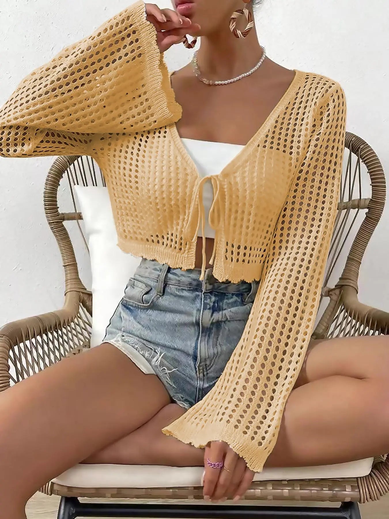 Women's Plain Hollow Out Tie Front Crop Cardigan, Casual Flounce Sleeve V Neck Cover Up Knitwear Tops for Spring & Fall, Summer Outfits 2026, Women's Knit Clothing for Daily Wear