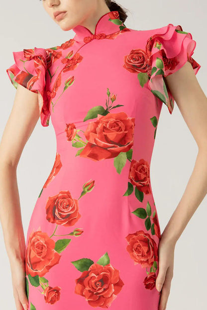 🖤 Black Friday Vorabzugang: 50 % Rabatt 🖤Maxikleid im Cheongsam-Stil mit Rosenmuster, Stufenärmeln und Stretchanteil