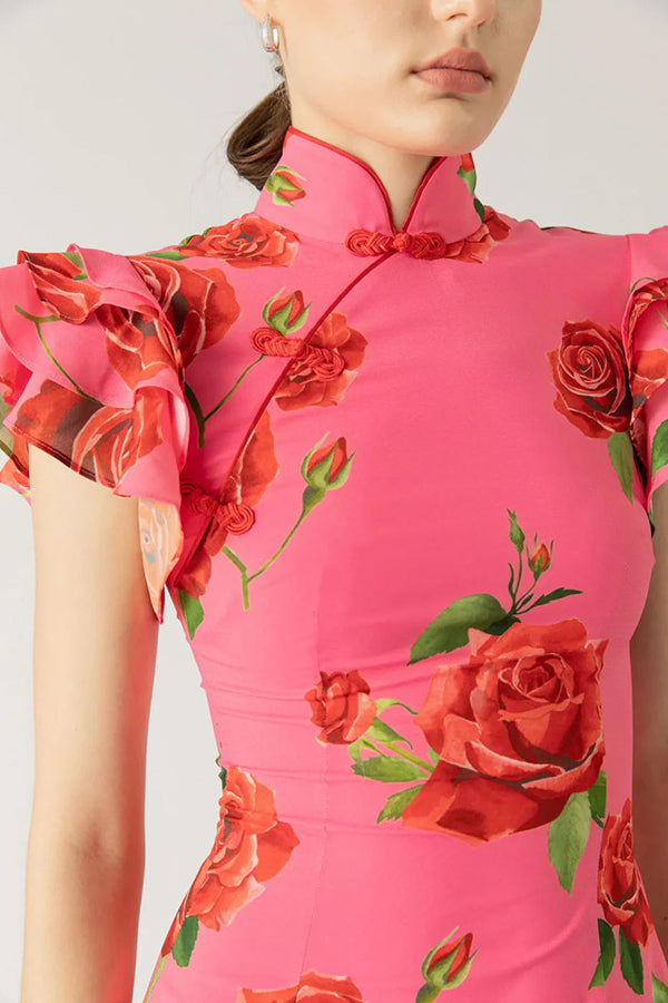 🖤 Black Friday Vorabzugang: 50 % Rabatt 🖤Maxikleid im Cheongsam-Stil mit Rosenmuster, Stufenärmeln und Stretchanteil