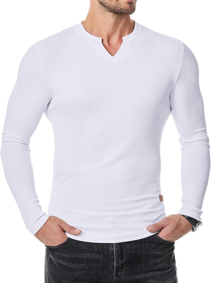 Herren-T-Shirt mit Stretch-Ripp🔥 – V-Ausschnitt, lange Ärmel, bequem
