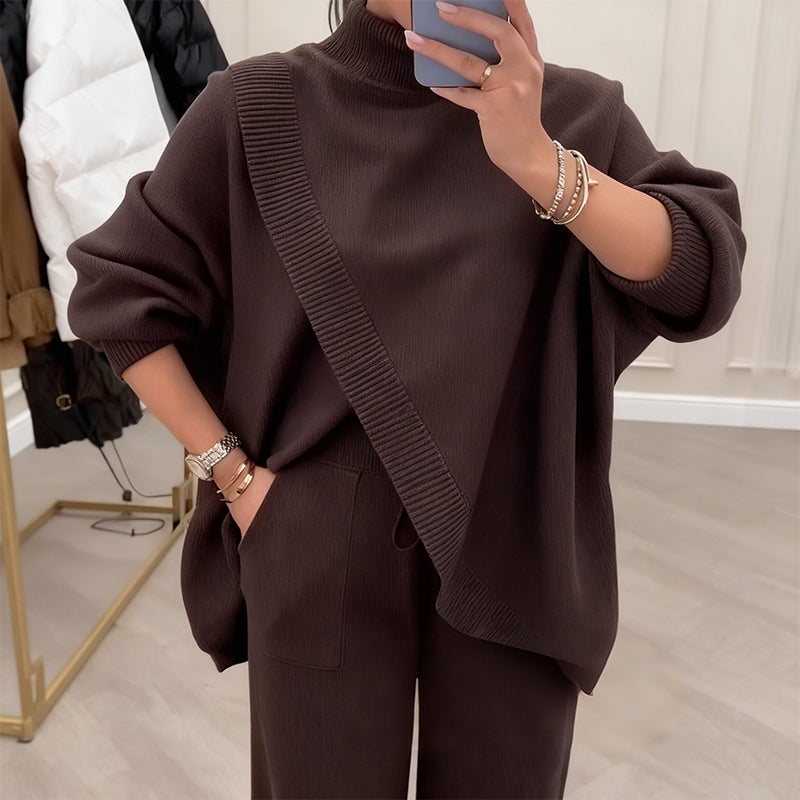 🔥 50% RABATT! NEU! Damen 2-Teiler-Set – Asymmetrischer Pullover + Weite Hosen, lockere Passform und weiches Material, ultra bequem 👚✨