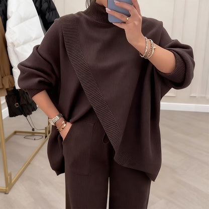 🔥 50% RABATT! NEU! Damen 2-Teiler-Set – Asymmetrischer Pullover + Weite Hosen, lockere Passform und weiches Material, ultra bequem 👚✨