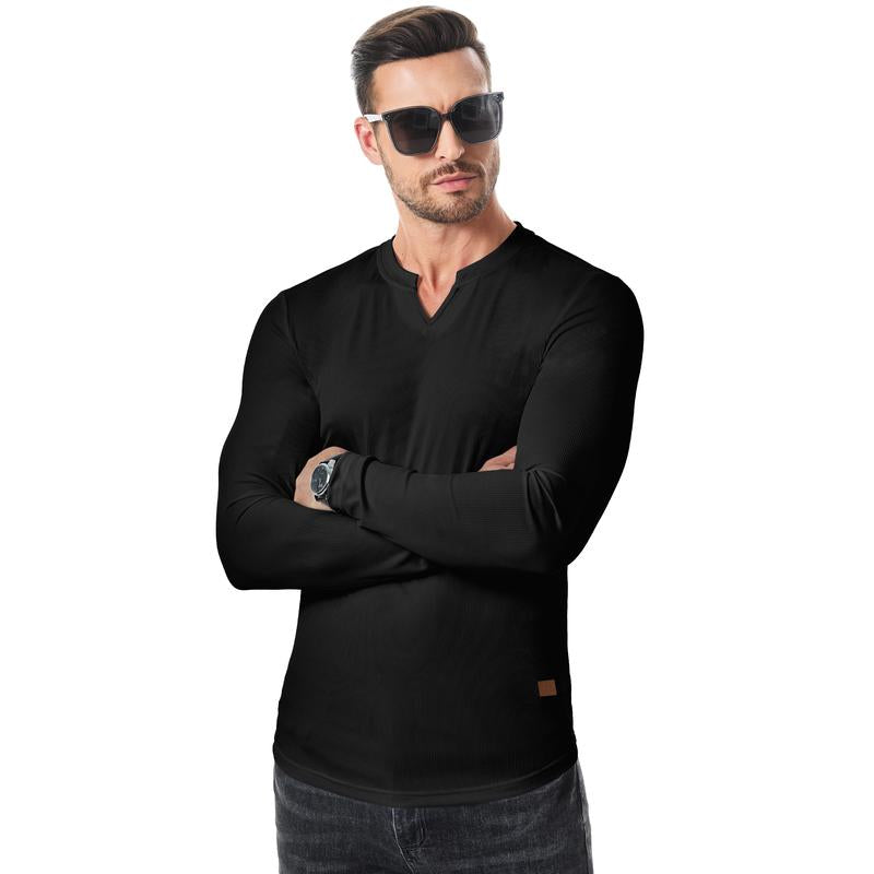 Herren-T-Shirt mit Stretch-Ripp🔥 – V-Ausschnitt, lange Ärmel, bequem