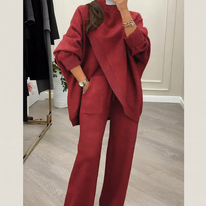 🔥 50% RABATT! NEU! Damen 2-Teiler-Set – Asymmetrischer Pullover + Weite Hosen, lockere Passform und weiches Material, ultra bequem 👚✨