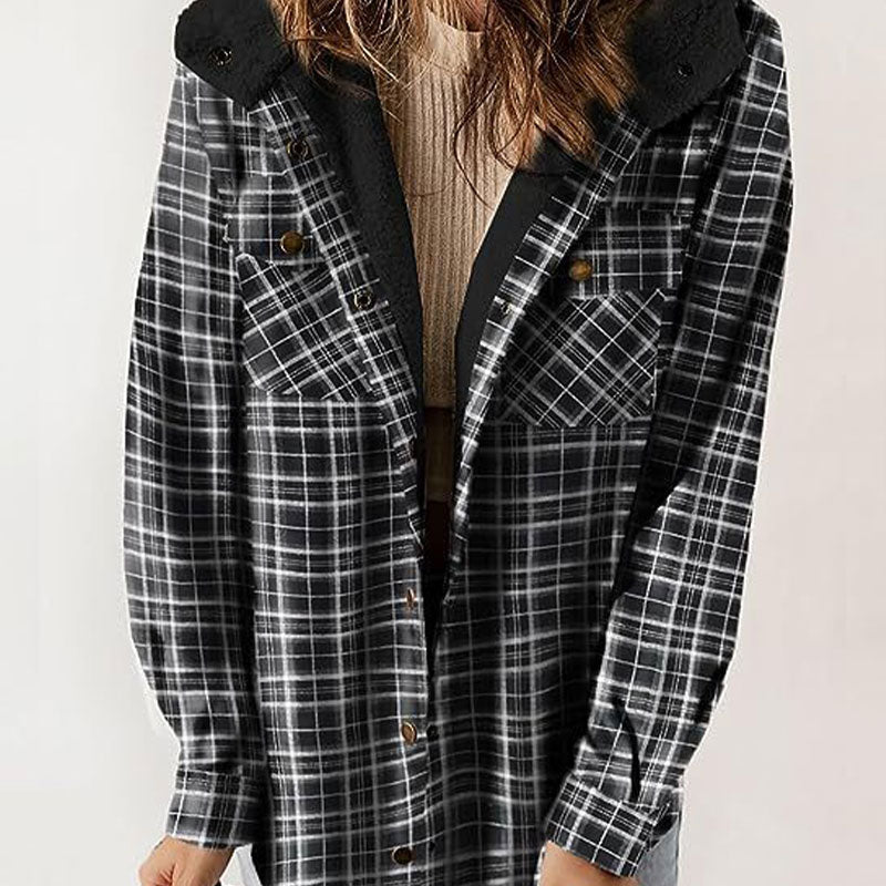 🔥Damen Herbst und Winter verdickter Flanell langärmelige karierte Kapuzenjacke