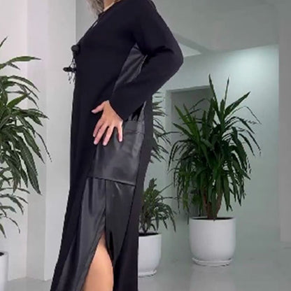 ✨Lässiges, lockeres Kleid mit Leder-Patchwork und Taschen für Damen