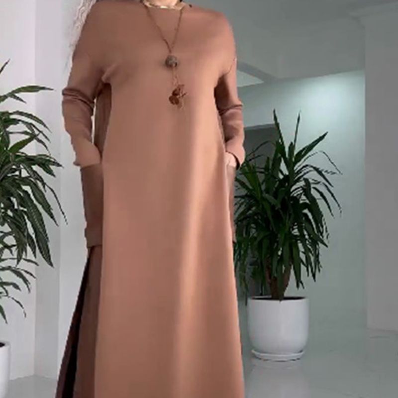 ✨Lässiges, lockeres Kleid mit Leder-Patchwork und Taschen für Damen