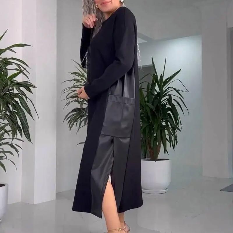 ✨Lässiges, lockeres Kleid mit Leder-Patchwork und Taschen für Damen