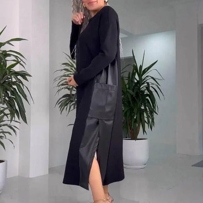 ✨Lässiges, lockeres Kleid mit Leder-Patchwork und Taschen für Damen