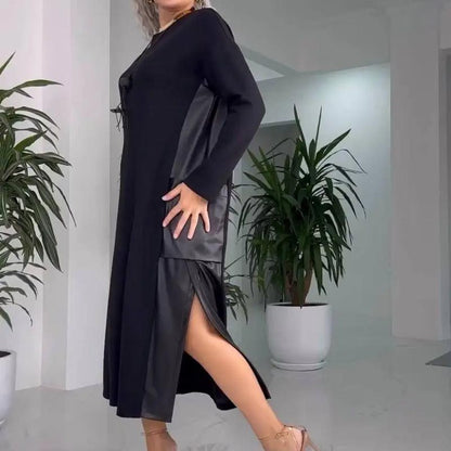 ✨Lässiges, lockeres Kleid mit Leder-Patchwork und Taschen für Damen