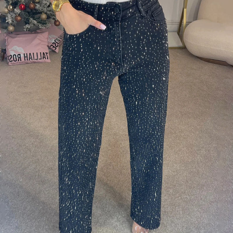 👖Straight-Jeans mit Strassbesatz – bequem, stretch & figurbetont