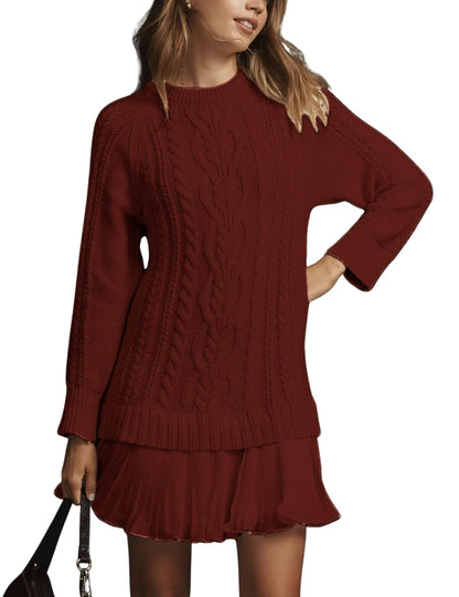 🔥 2025 Heißer Verkauf 🔥🎁🧥Damen Rundhals-Kabelstrick-Pullover-Minirock