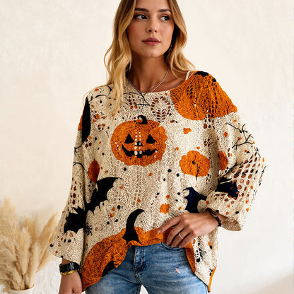 Damen-Halloween-Strickpullover im lockeren Schnitt mit Fledermausärmel