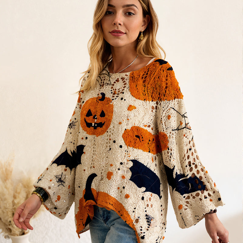 Damen-Halloween-Strickpullover im lockeren Schnitt mit Fledermausärmel