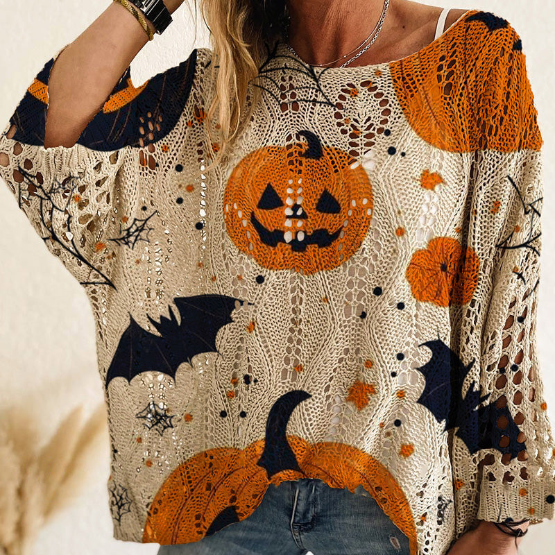 Damen-Halloween-Strickpullover im lockeren Schnitt mit Fledermausärmel