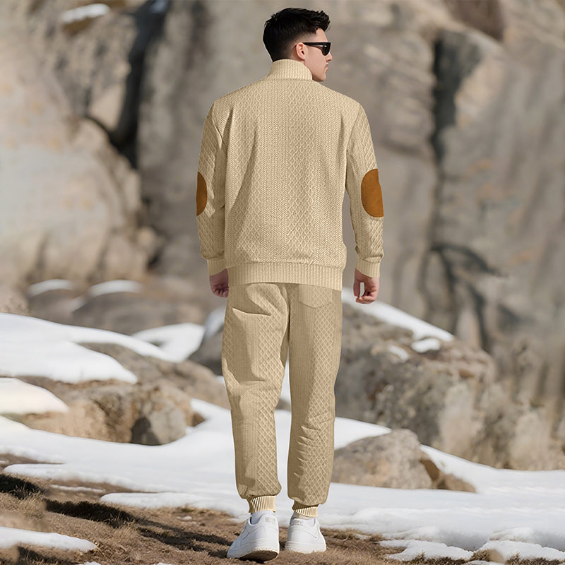 🔥Lässiges Jacquard-Oberteil mit Stehkragen und Hose mit elastischen Bündchen