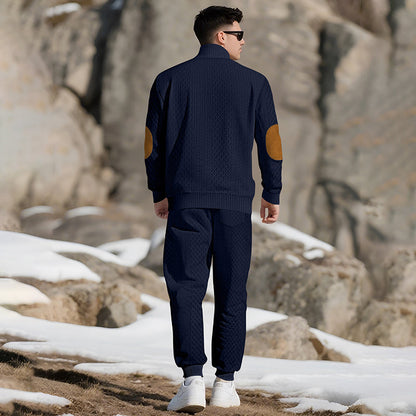 🔥Lässiges Jacquard-Oberteil mit Stehkragen und Hose mit elastischen Bündchen