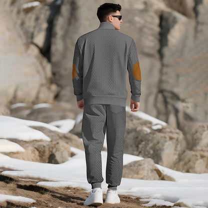 🔥Lässiges Jacquard-Oberteil mit Stehkragen und Hose mit elastischen Bündchen