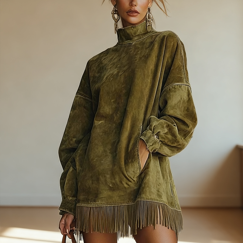 📢📢50%Rabatt!!!👗✨ Jetzt im Trend –Casual Turtleneck Pocket Dress with Tassel Hem