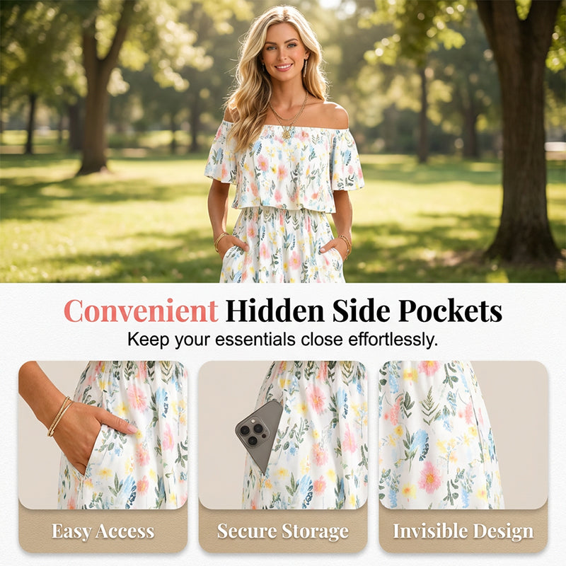 🌺 LIMITIERT: 50% RABATT! 🔥 Boho Off-Shoulder Maxikleid mit Schlitz & Taschen – Leicht, Weiblich & Perfekt für den Alltag 👗