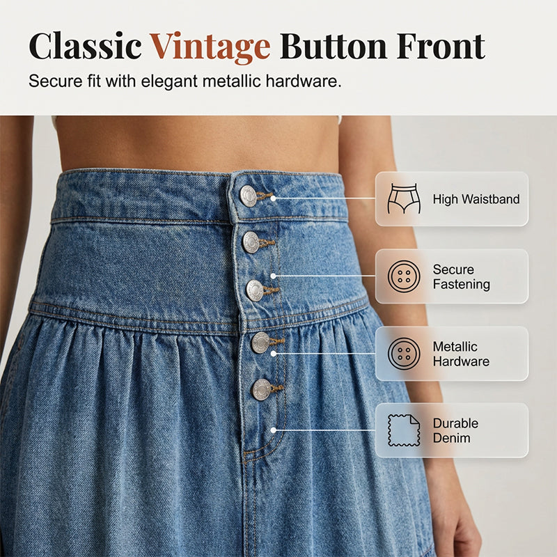 💙 50% RABATT! 👗 Damen Hochbund Stufenrock A-Linie Denim Maxirock – Figurumschmeichelnd, müheloser Chic & perfekt für jeden Tag