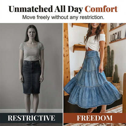 💙 50% RABATT! 👗 Damen Hochbund Stufenrock A-Linie Denim Maxirock – Figurumschmeichelnd, müheloser Chic & perfekt für jeden Tag