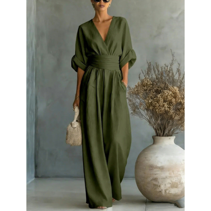 🎁👗 50% RABATT! Hochtaillierter Weitbein-Jumpsuit mit V-Ausschnitt – luftig, bequem, vielseitig – ideal für Reisen & Urlaub. 🏖️💫