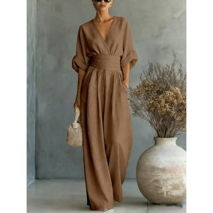 🎁👗 50% RABATT! Hochtaillierter Weitbein-Jumpsuit mit V-Ausschnitt – luftig, bequem, vielseitig – ideal für Reisen & Urlaub. 🏖️💫