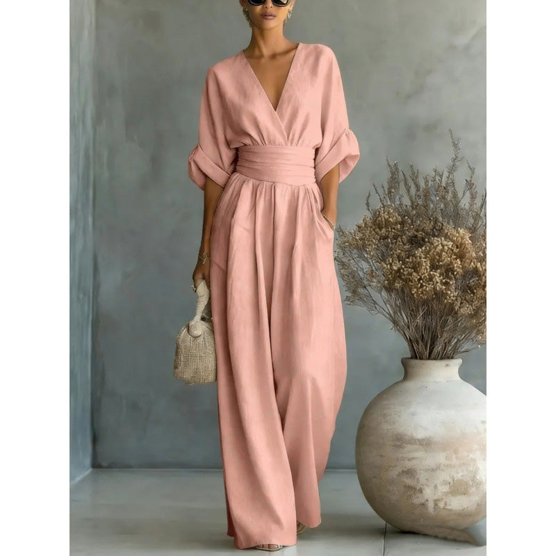 🎁👗 50% RABATT! Hochtaillierter Weitbein-Jumpsuit mit V-Ausschnitt – luftig, bequem, vielseitig – ideal für Reisen & Urlaub. 🏖️💫