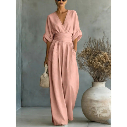 🎁👗 50% RABATT! Hochtaillierter Weitbein-Jumpsuit mit V-Ausschnitt – luftig, bequem, vielseitig – ideal für Reisen & Urlaub. 🏖️💫