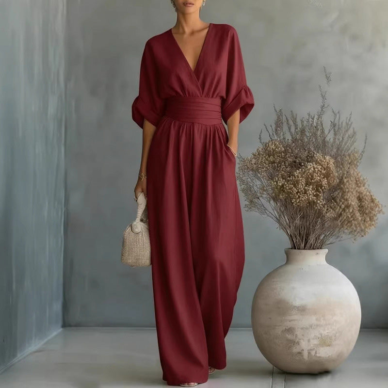 🎁👗 50% RABATT! Hochtaillierter Weitbein-Jumpsuit mit V-Ausschnitt – luftig, bequem, vielseitig – ideal für Reisen & Urlaub. 🏖️💫